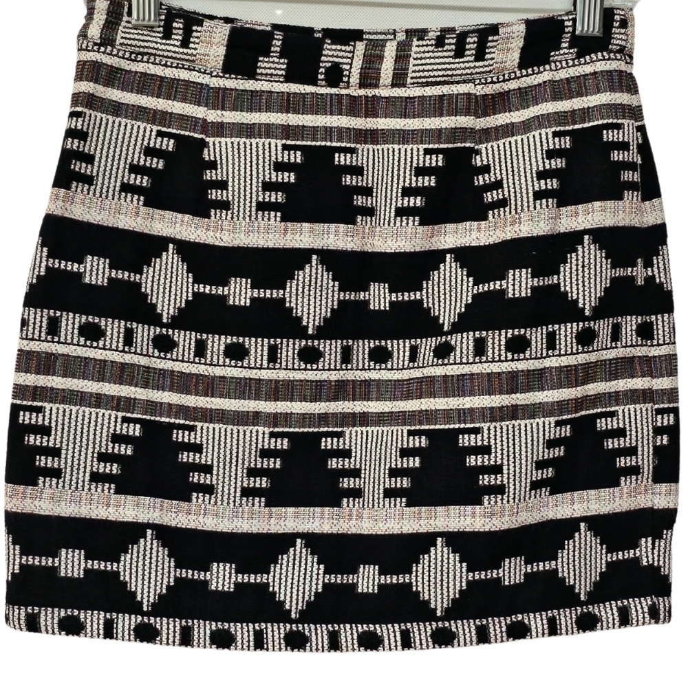 Esley Ethnic Aztec Pattern Woven Mini Skirt, Black White & Multi, Size Small